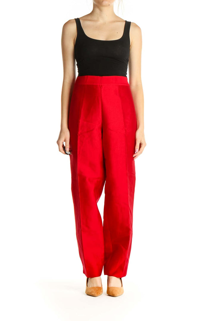 Red Solid Retro Silk Trousers