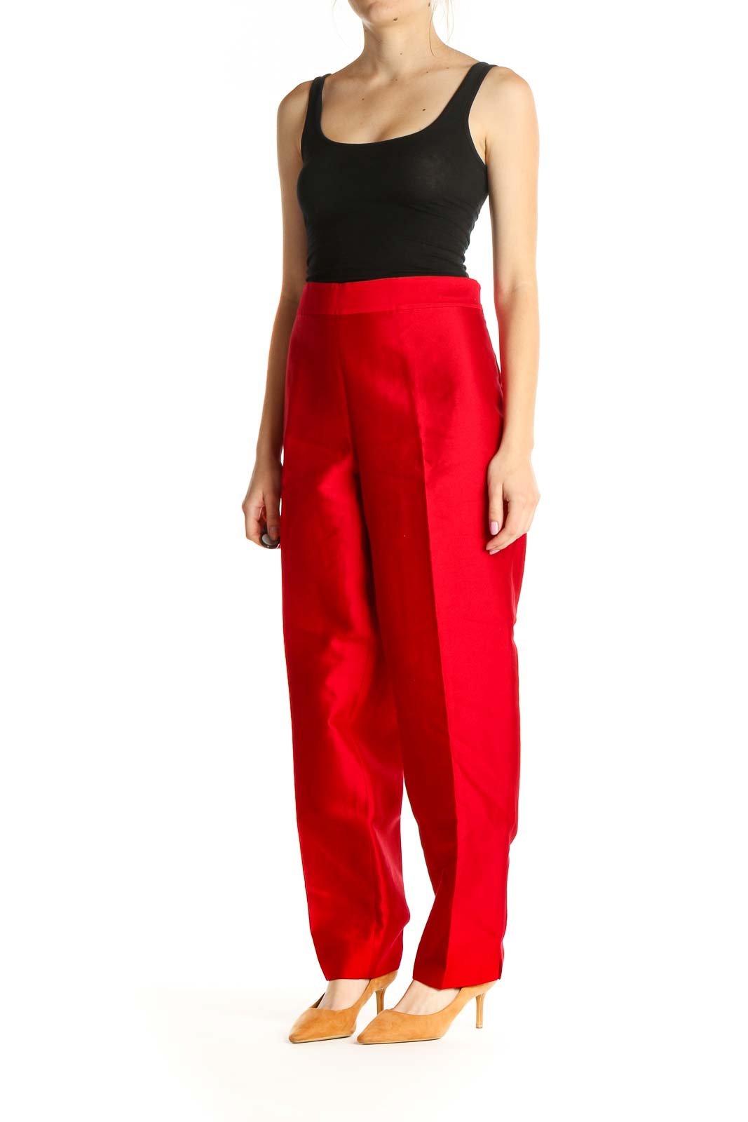 Red Solid Retro Silk Trousers