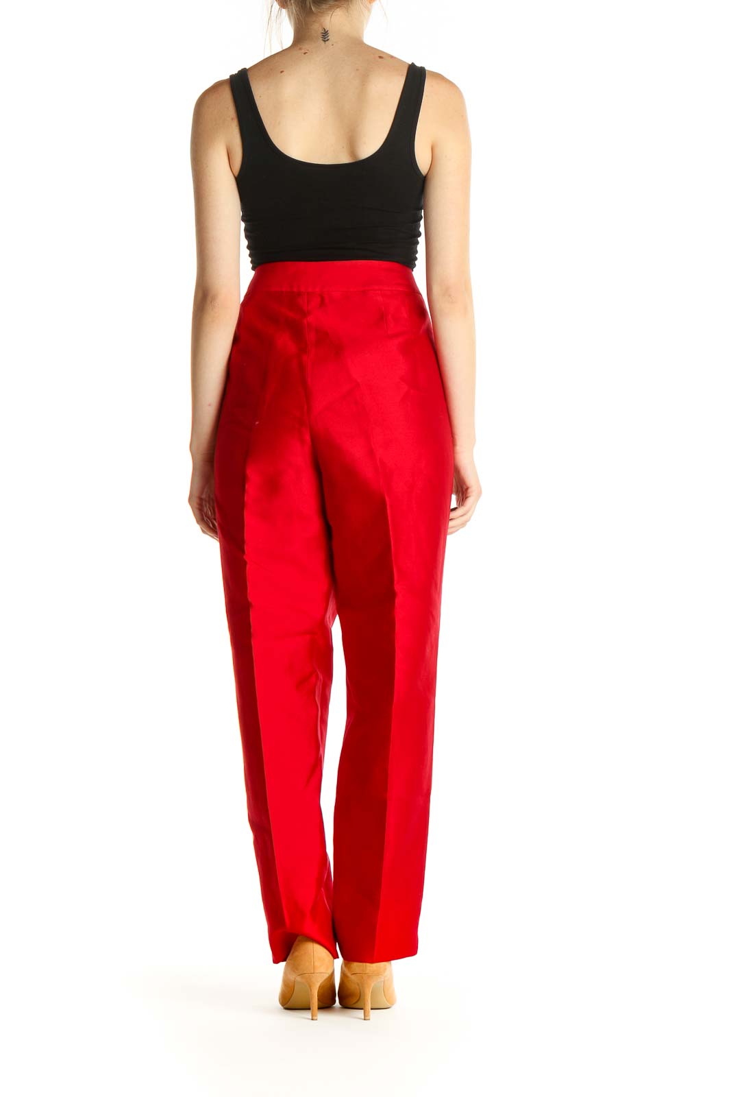 Red Solid Retro Silk Trousers