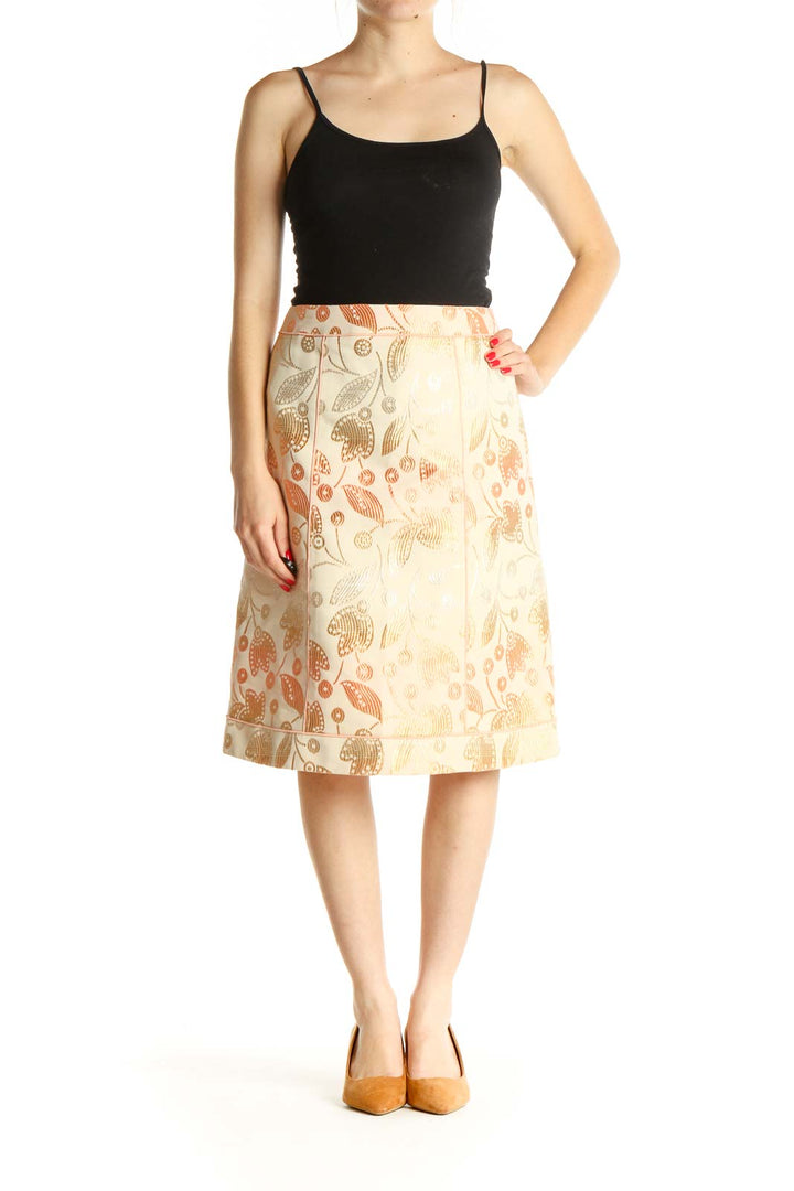 Beige Printed Holiday A-Line Skirt