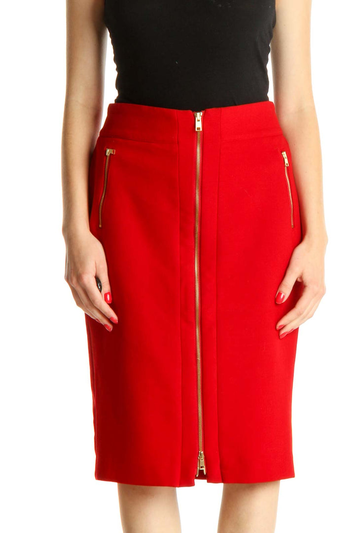 Red Solid Party Pencil Skirt