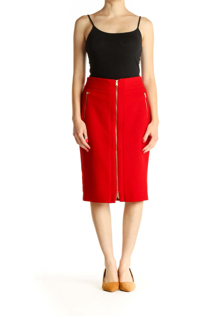 Red Solid Party Pencil Skirt