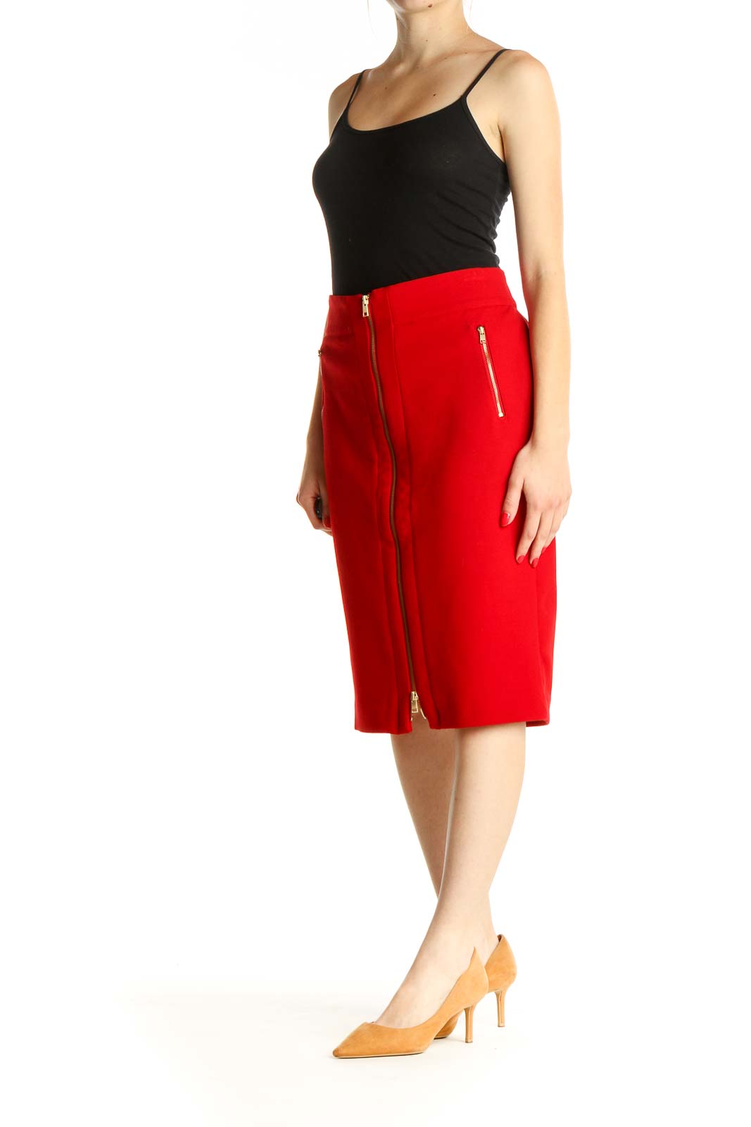 Red Solid Party Pencil Skirt