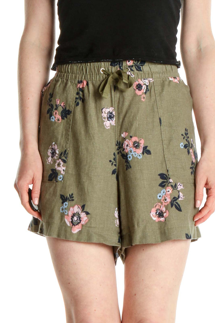 Green Floral Print Casual Shorts