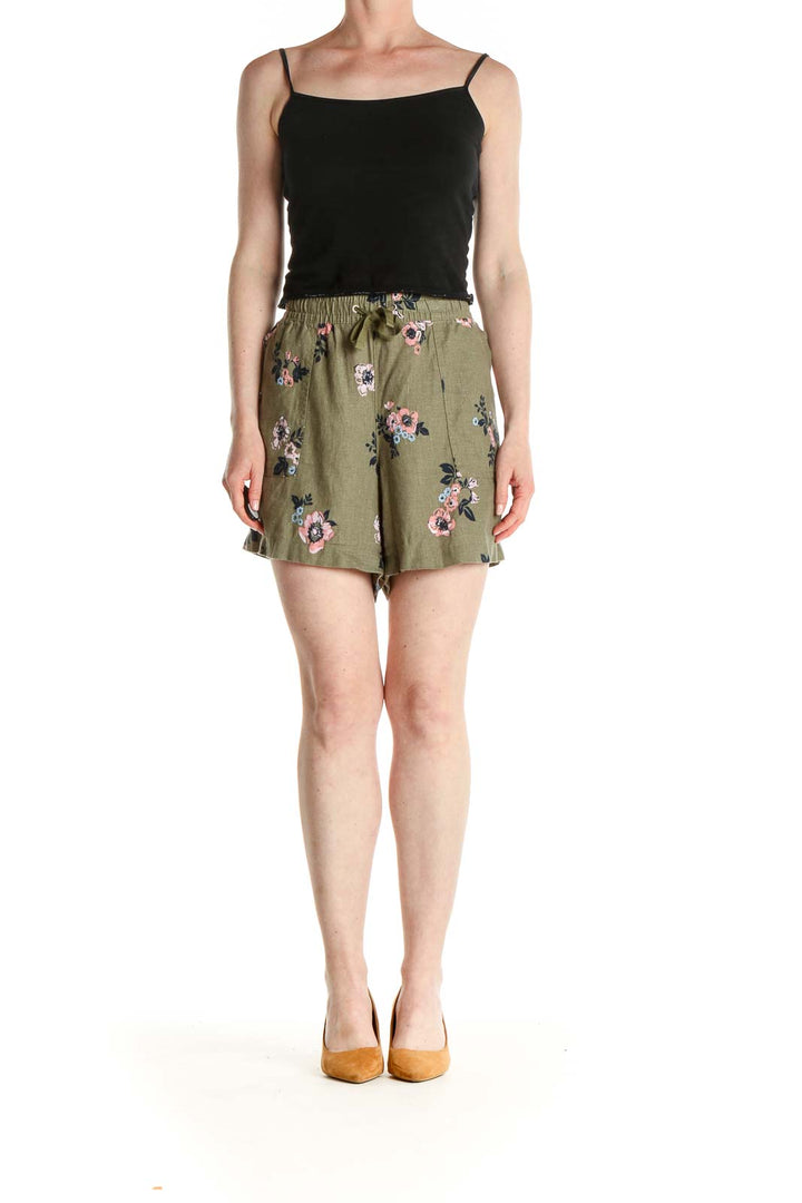 Green Floral Print Casual Shorts