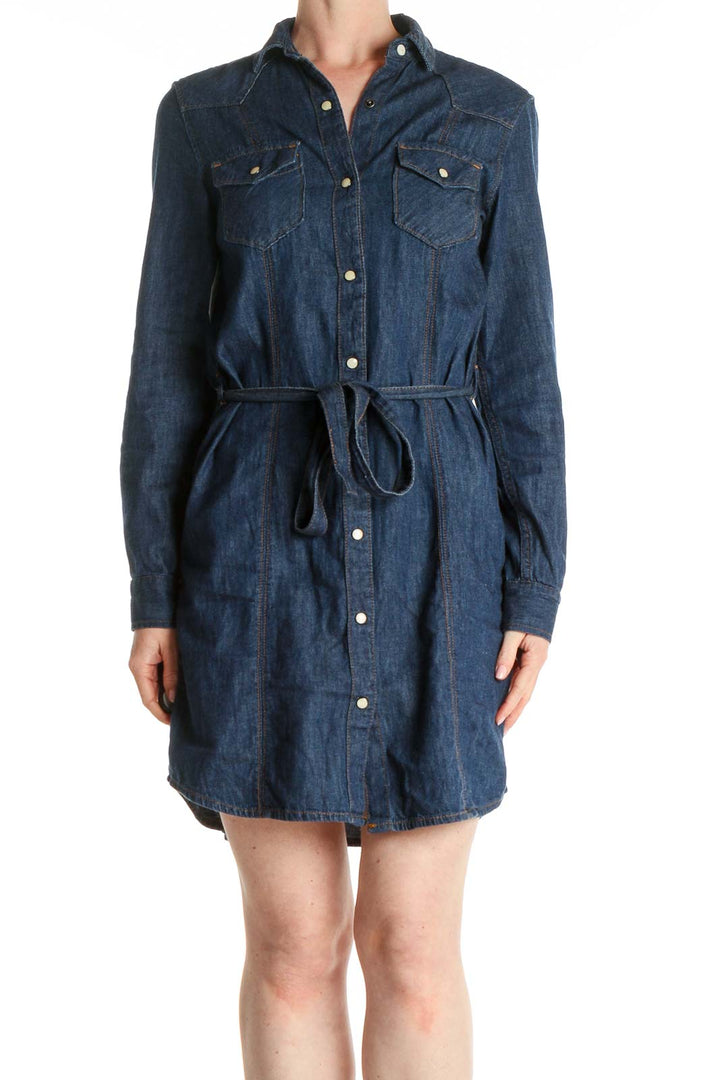 Blue Solid Denim Shift Dress