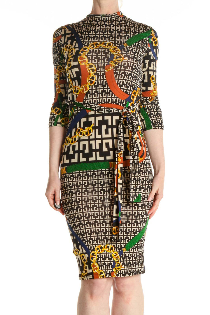 Brown Printed Classic Sheath Dress