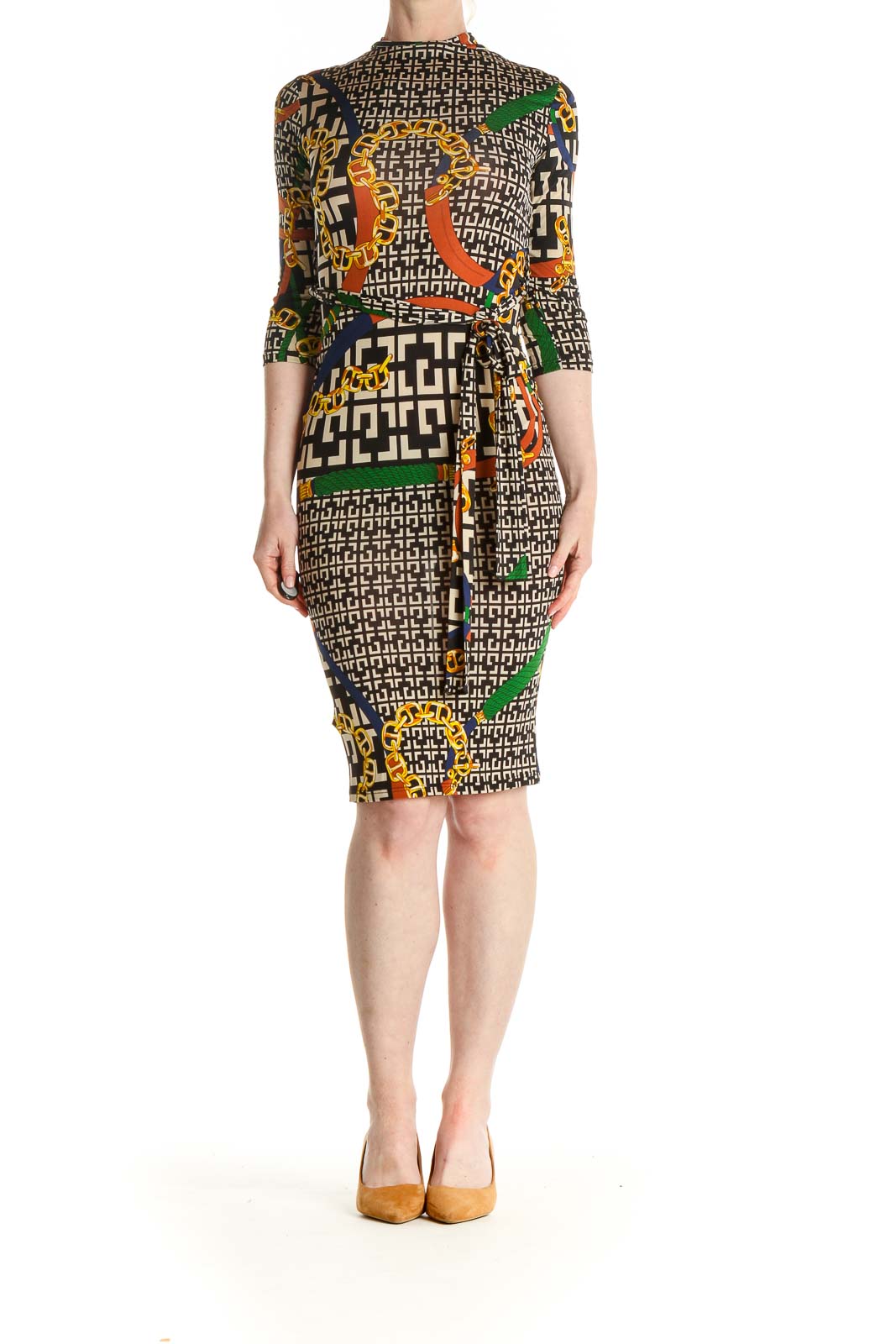 Brown Printed Classic Sheath Dress