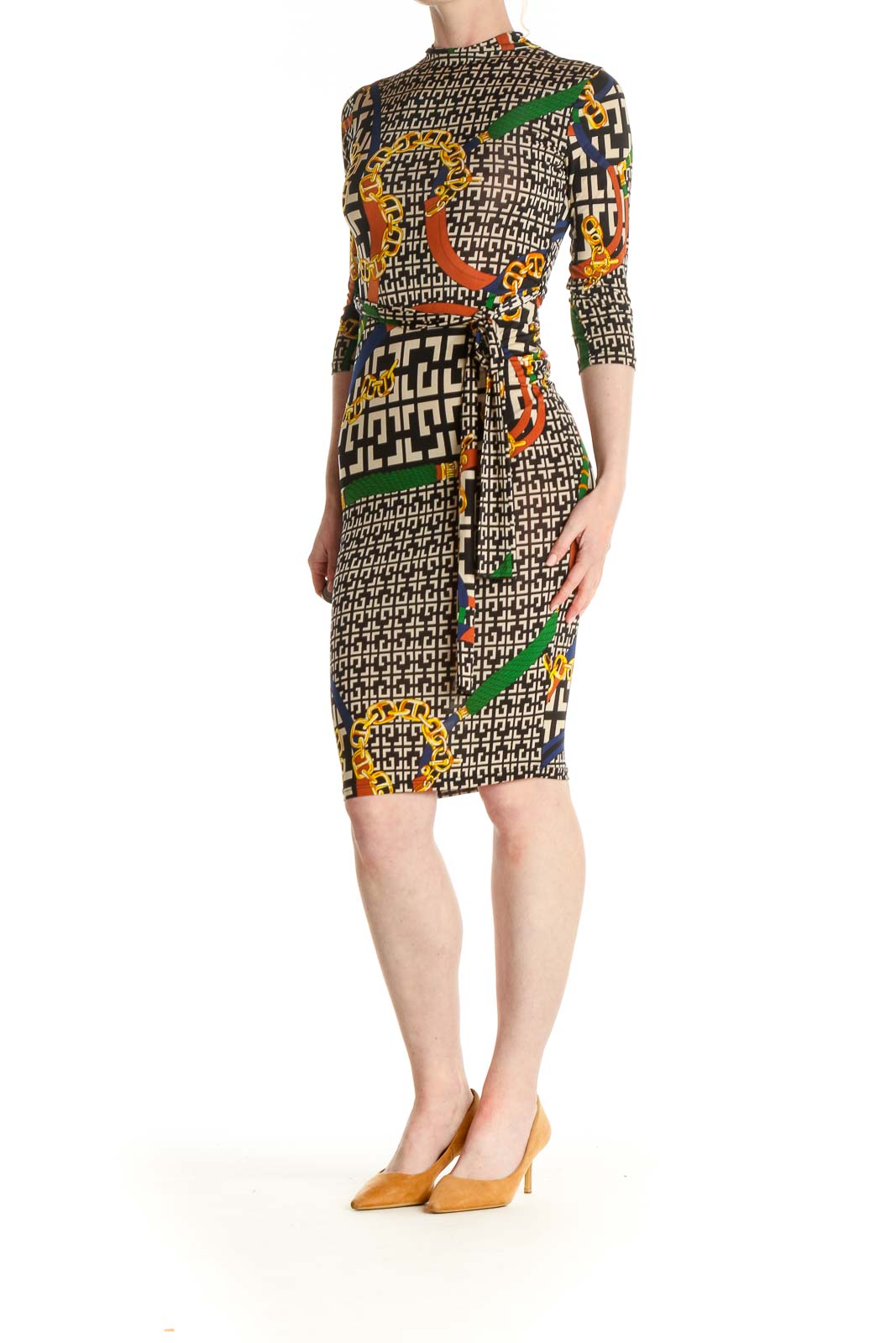 Brown Printed Classic Sheath Dress