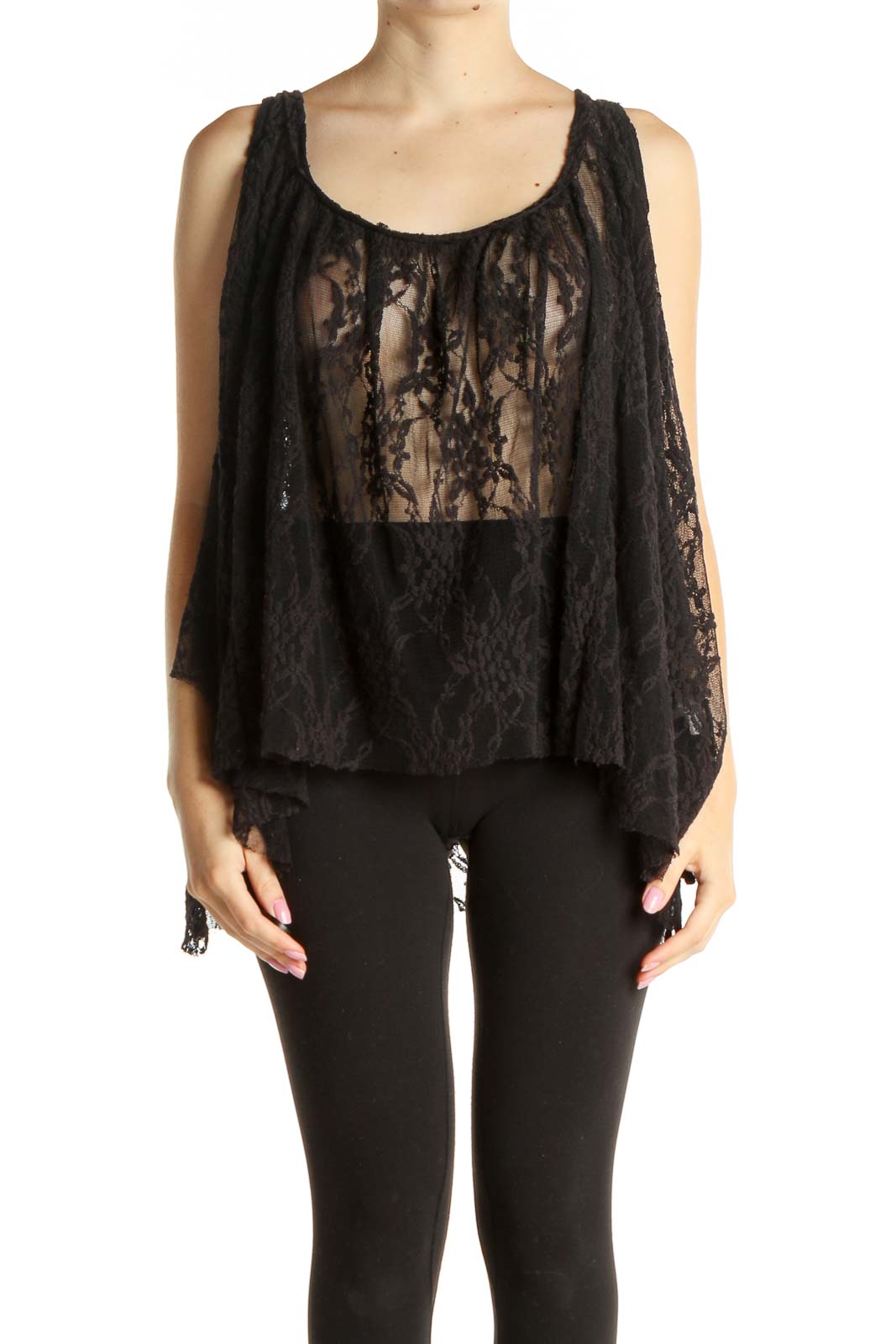 Front view of Free People black lace sheer flowy tank top