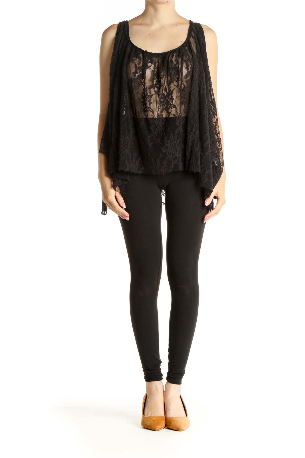 Front view of Free People black lace sheer flowy tank top