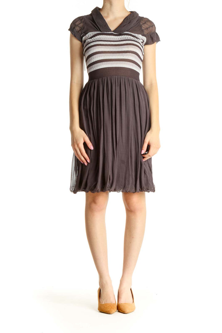 Gray Striped Day Silk Fit & Flare Dress