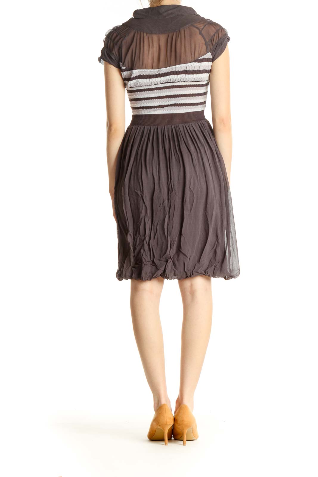 Gray Striped Day Silk Fit & Flare Dress