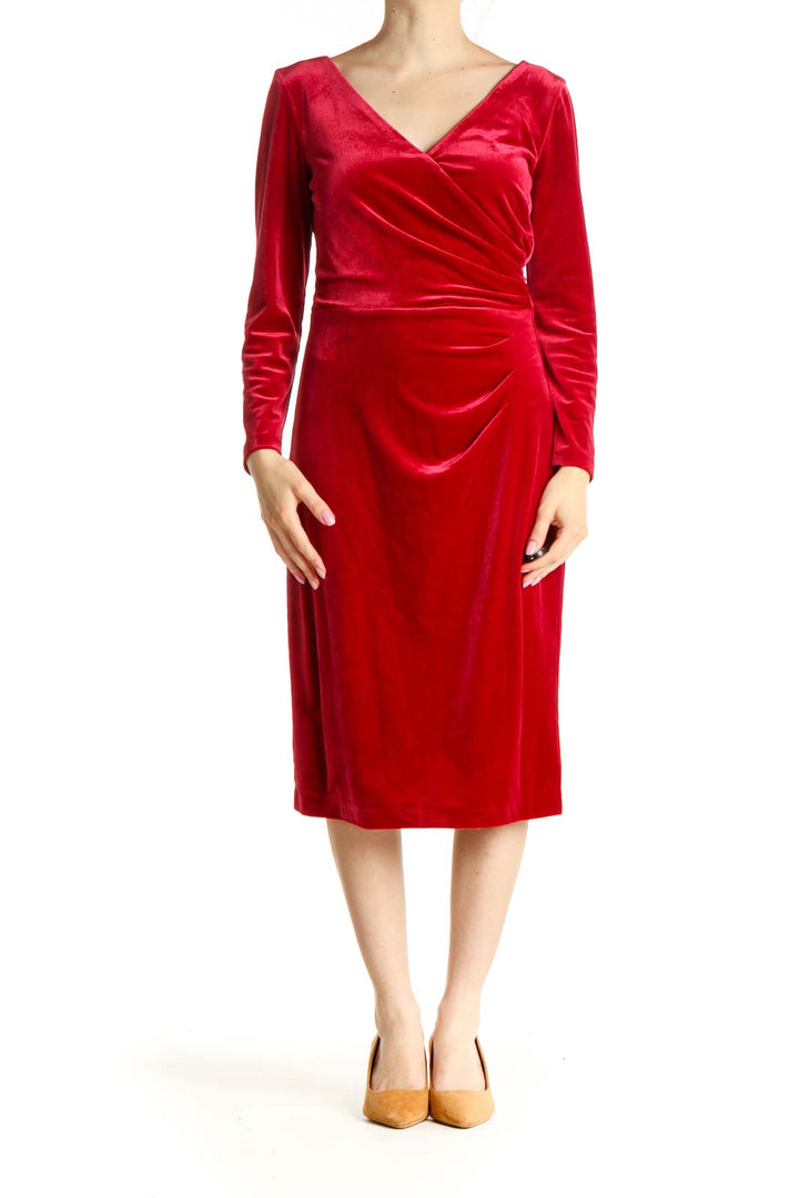 Red Solid Classic Velour Sheath Dress