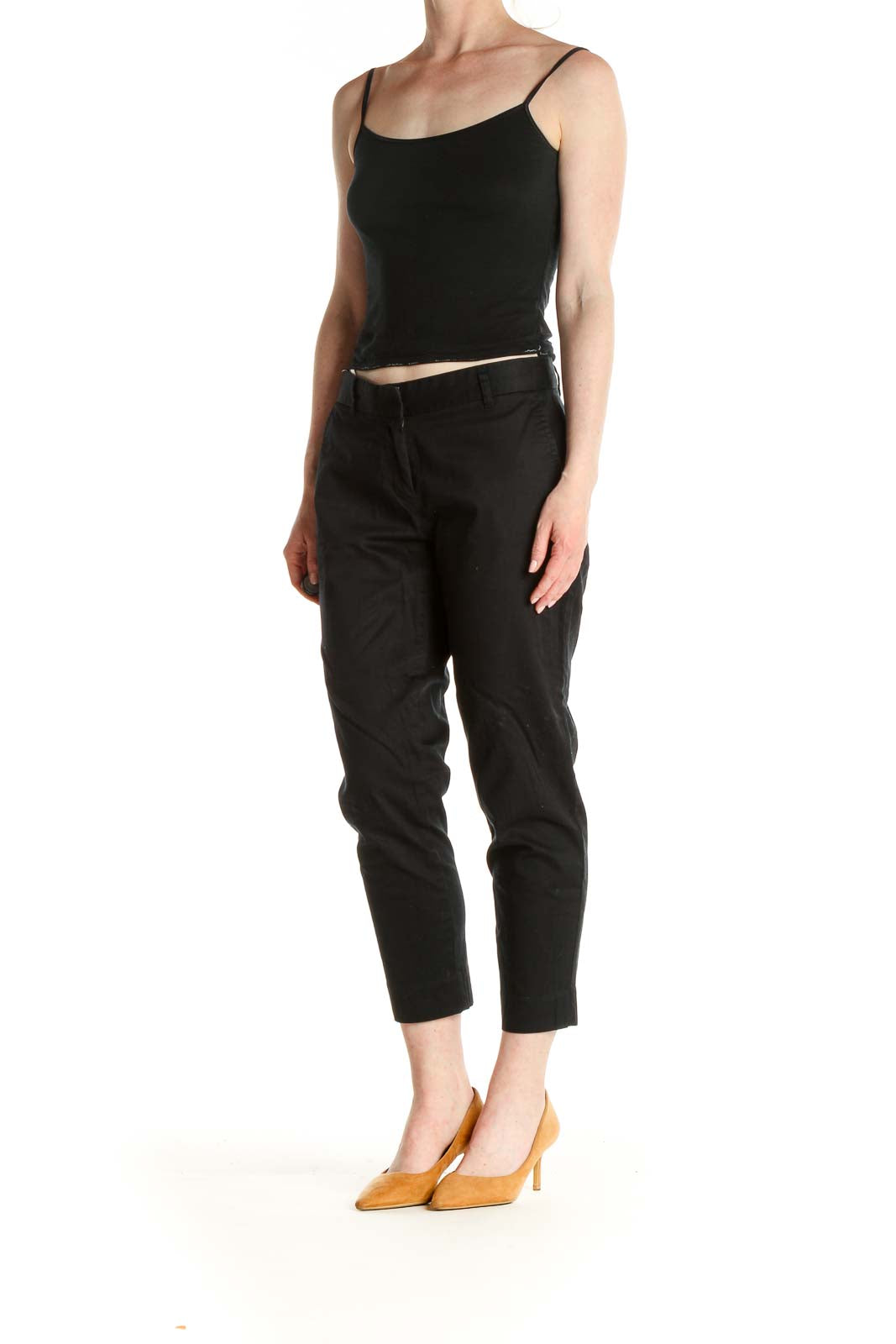 Black Solid Casual Capri Pants