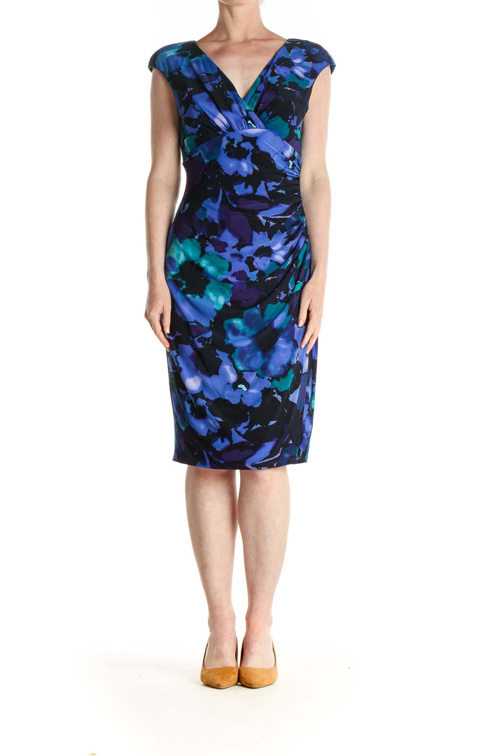 Blue Floral Print Work Sheath Dress