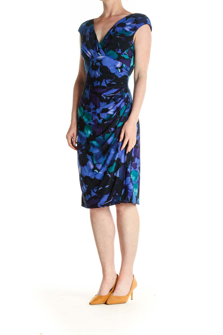 Blue Floral Print Work Sheath Dress