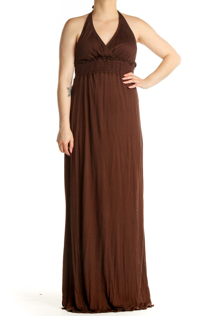 Brown Solid Classic Column Dress