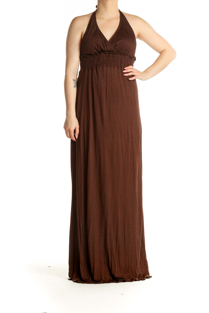 Brown Solid Classic Column Dress