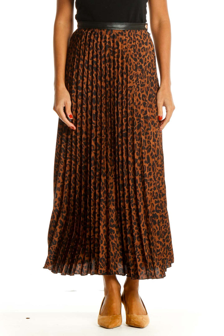 Brown Animal Print Holiday Pleated Skirt