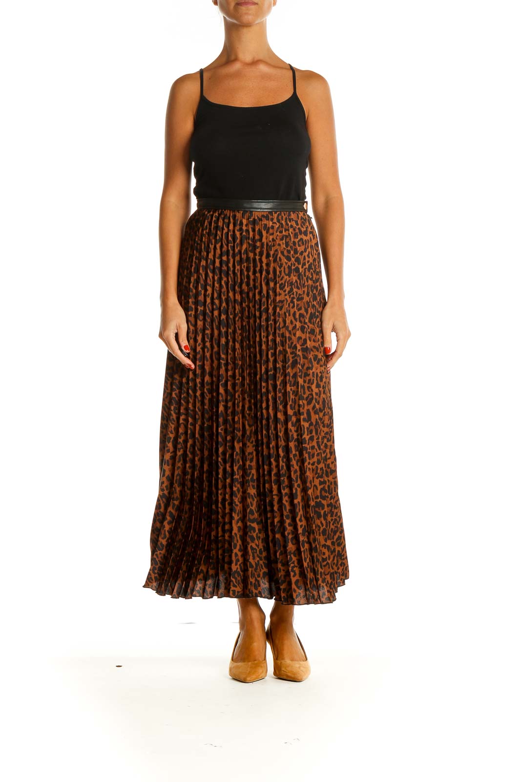 Brown Animal Print Holiday Pleated Skirt