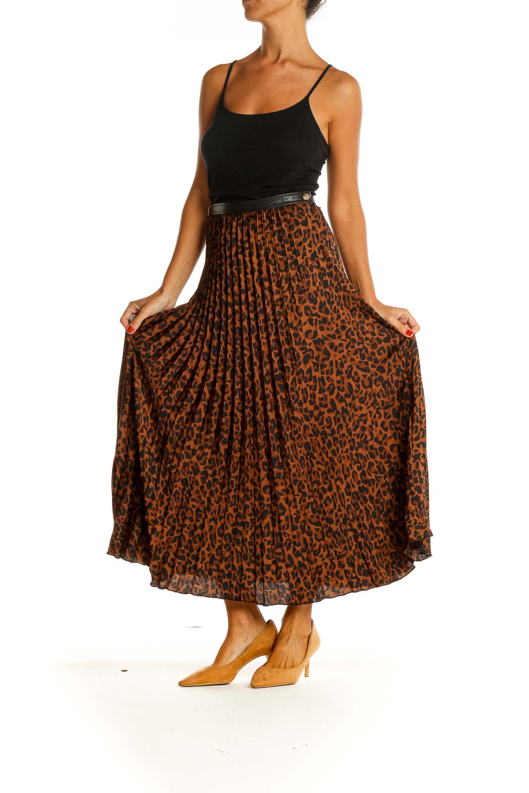 Brown Animal Print Holiday Pleated Skirt