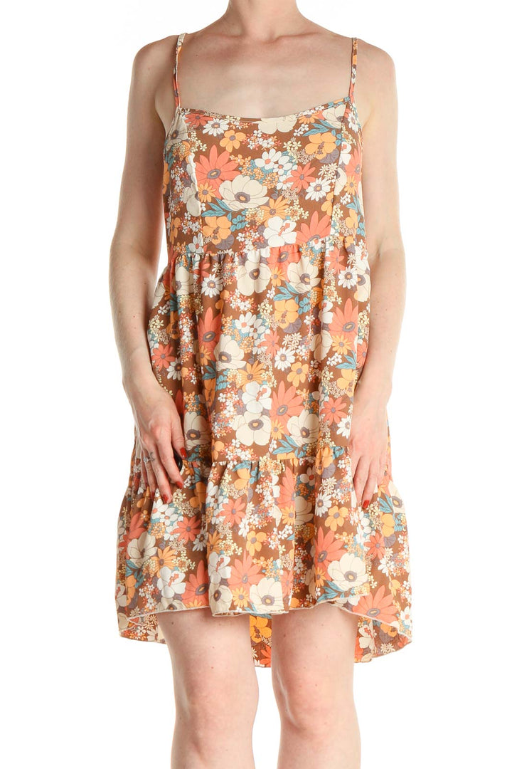 Orange Floral Print Bohemian Fit & Flare Dress