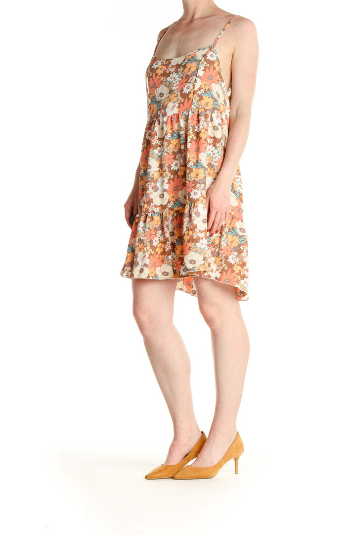 Orange Floral Print Bohemian Fit & Flare Dress