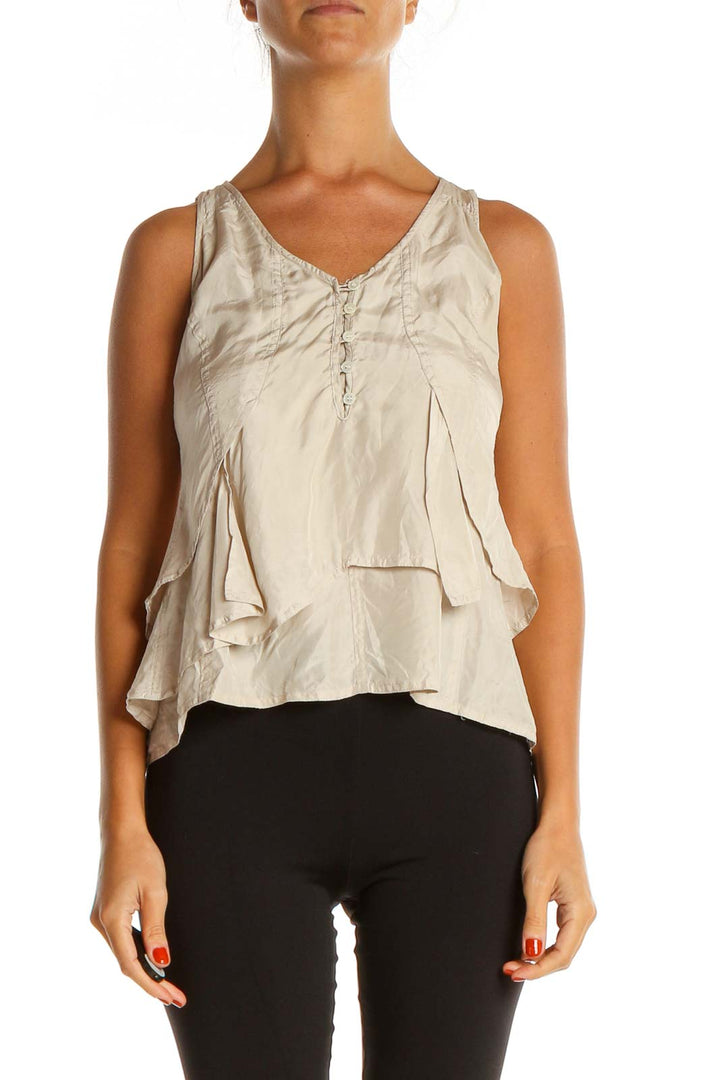 Beige Ruffle Silk Tank Top With Back Tie