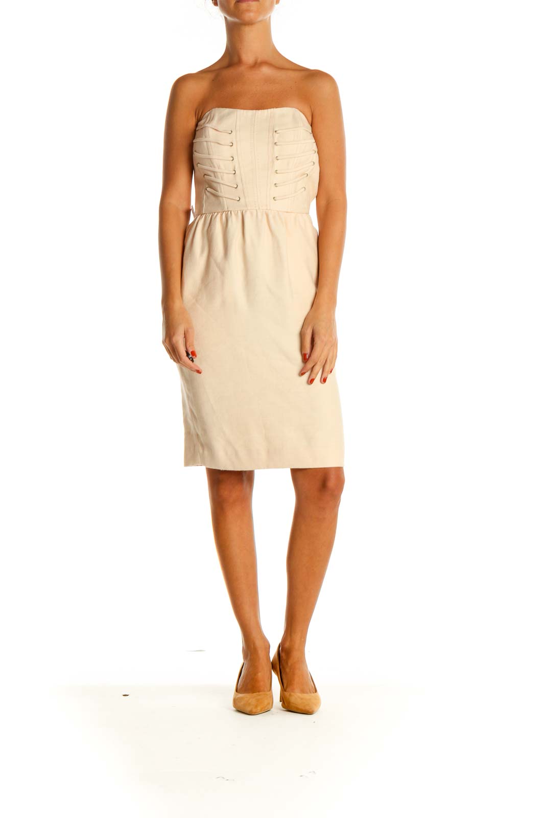 Beige Solid Holiday Shift Dress