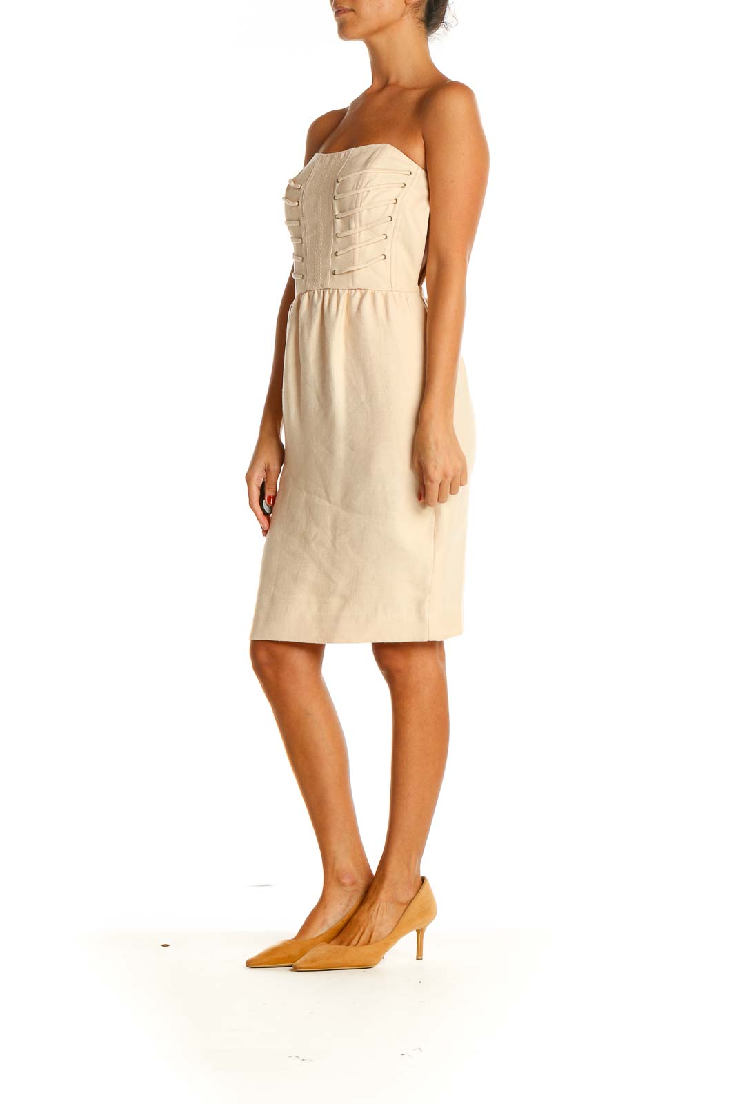 Beige Solid Holiday Shift Dress