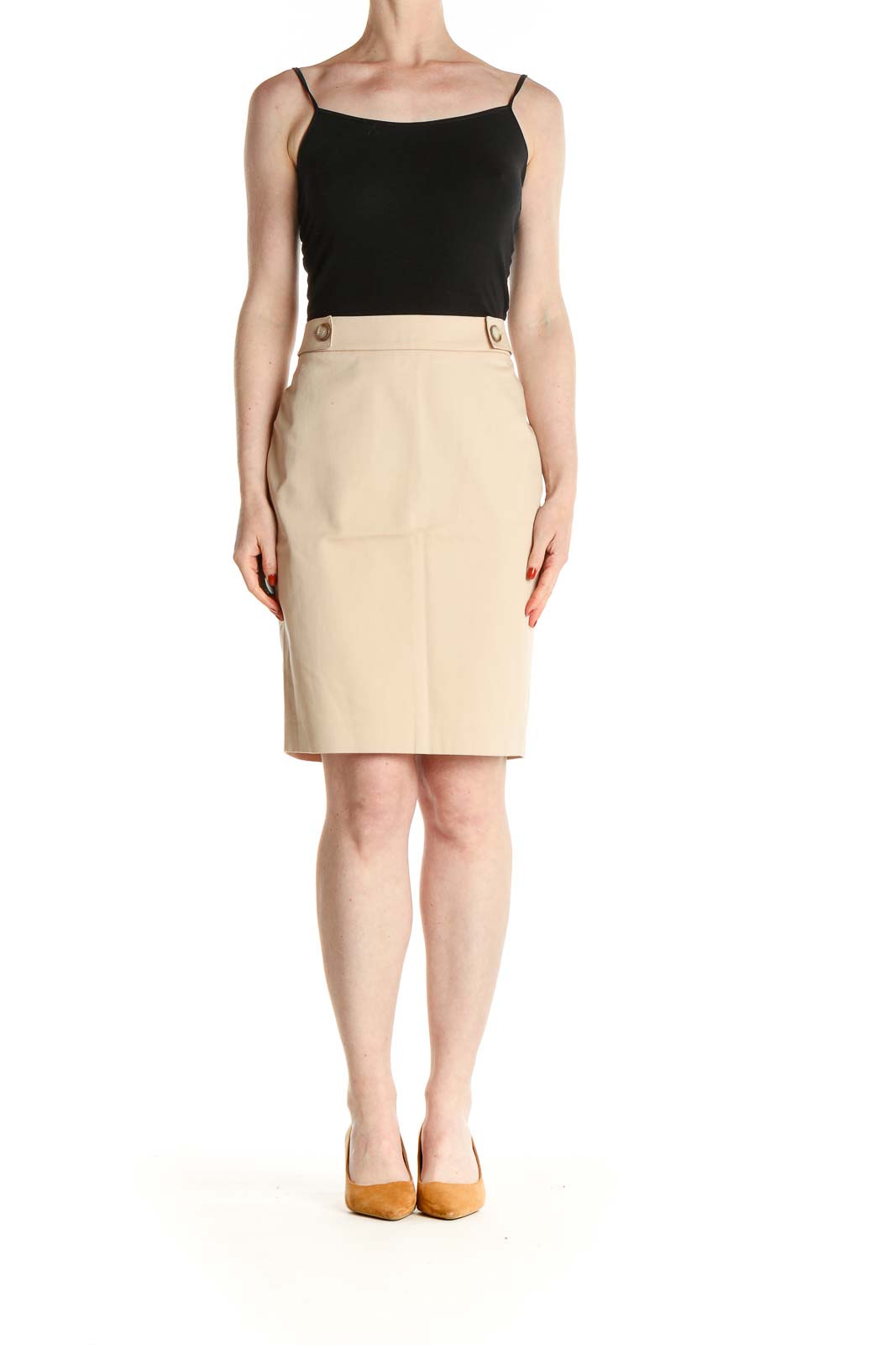 Beige Solid Brunch Pencil Skirt