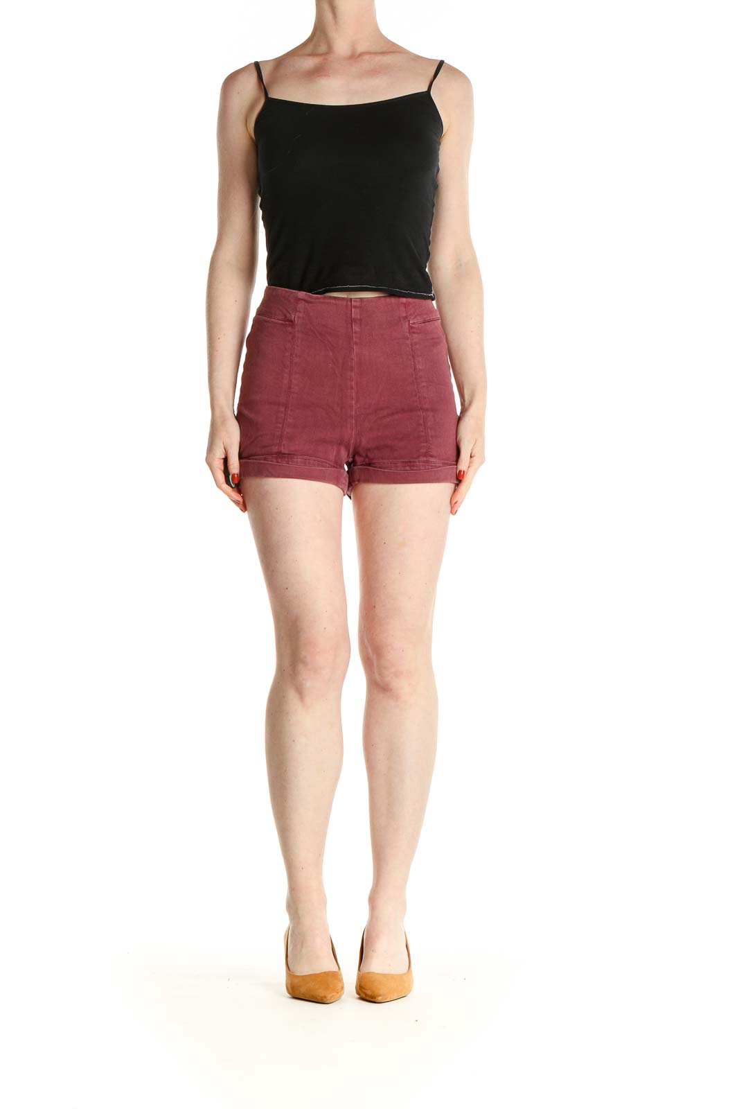 Red Solid Casual Shorts