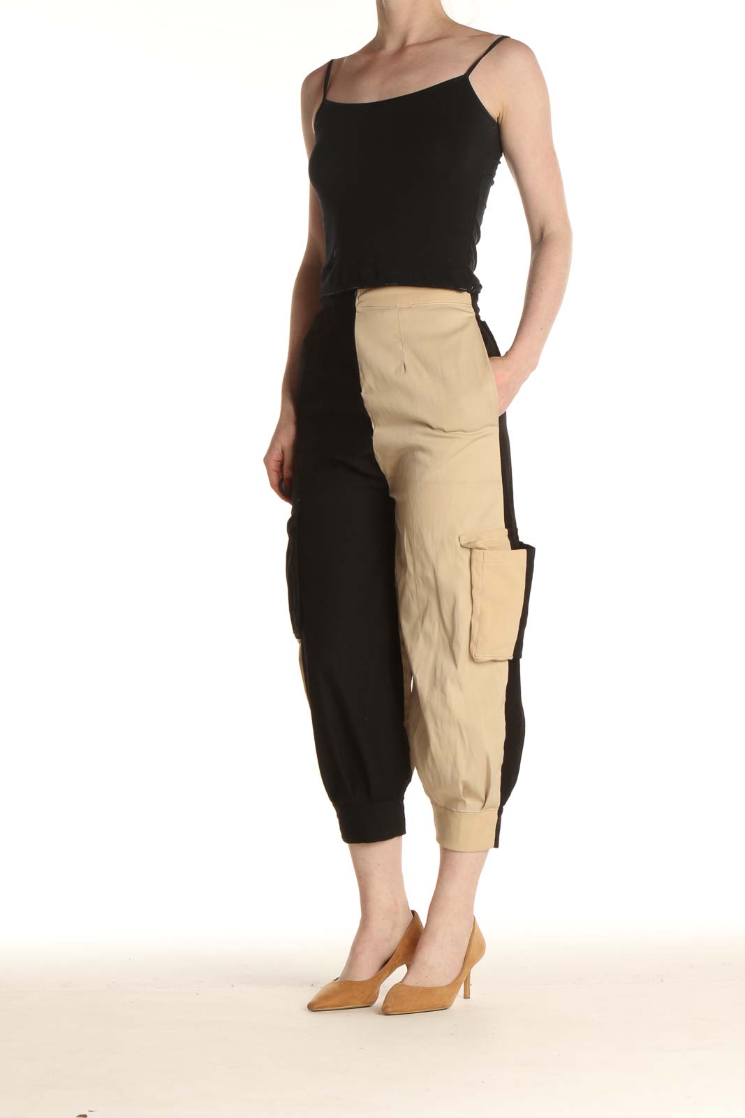 Black Colorblock Casual Cargos Pants