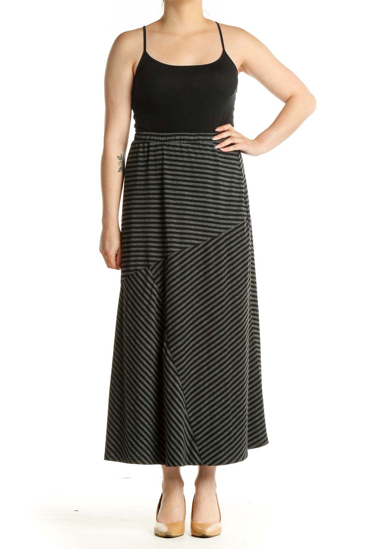 Black Striped Casual Maxi Skirt