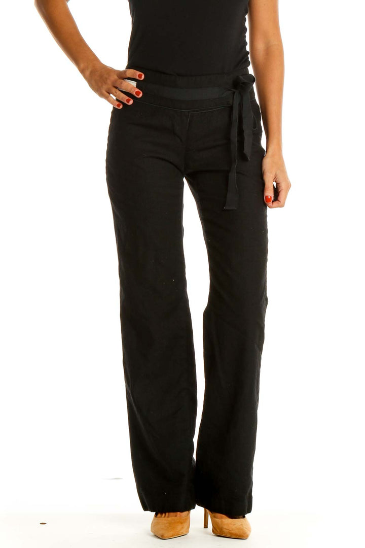 Black Wide Leg Tie Waist Silk Wool Pants