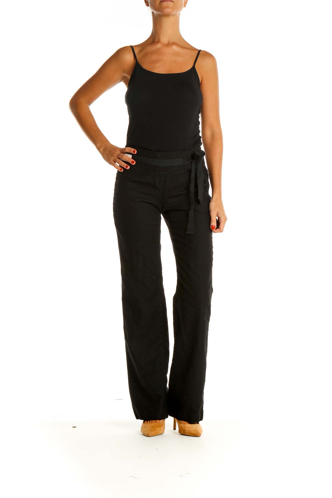 Black Wide Leg Tie Waist Silk Wool Pants