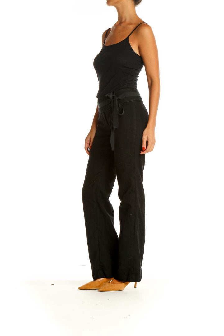 Black Wide Leg Tie Waist Silk Wool Pants