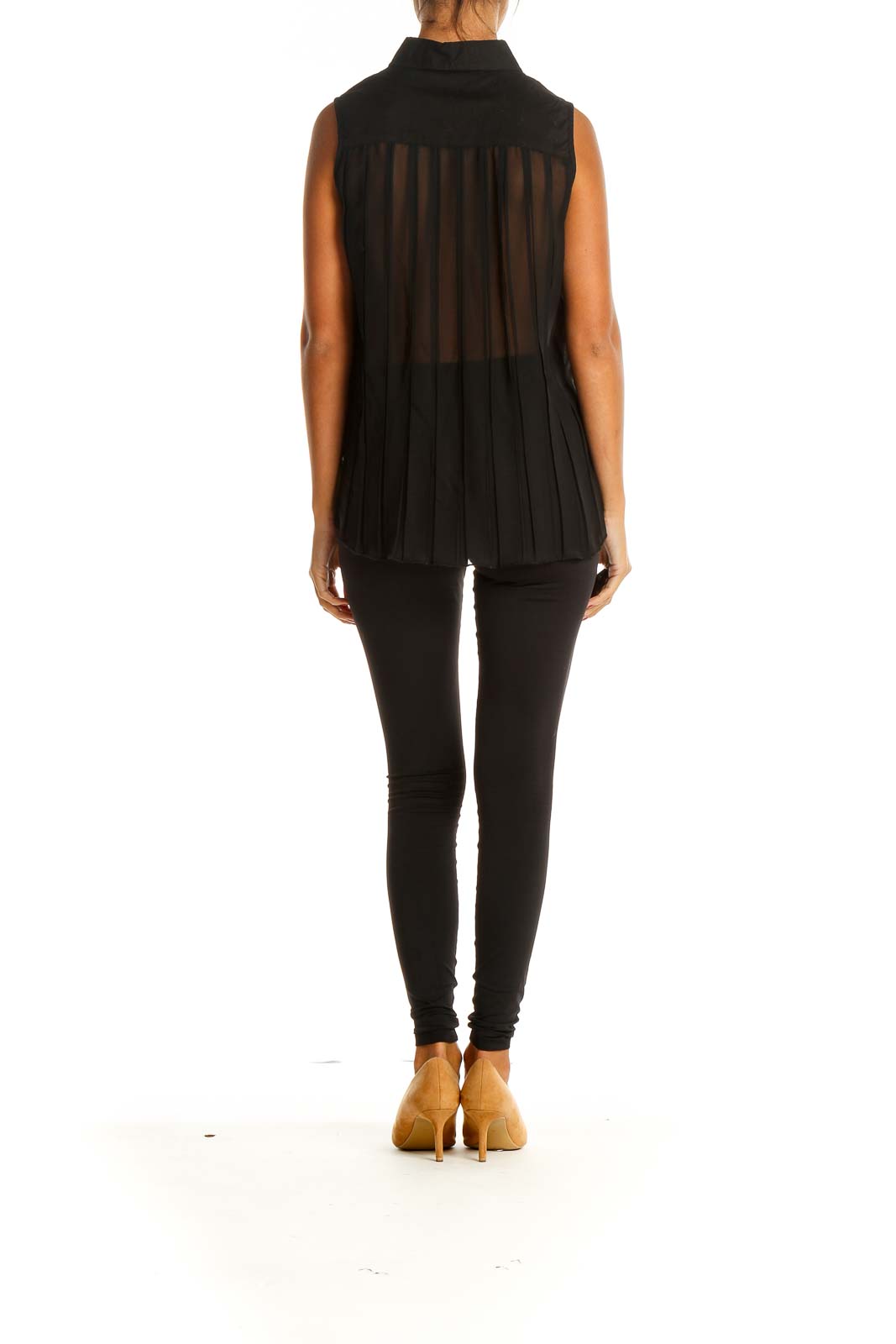 Black Collared Top With Pleated Sheer Back