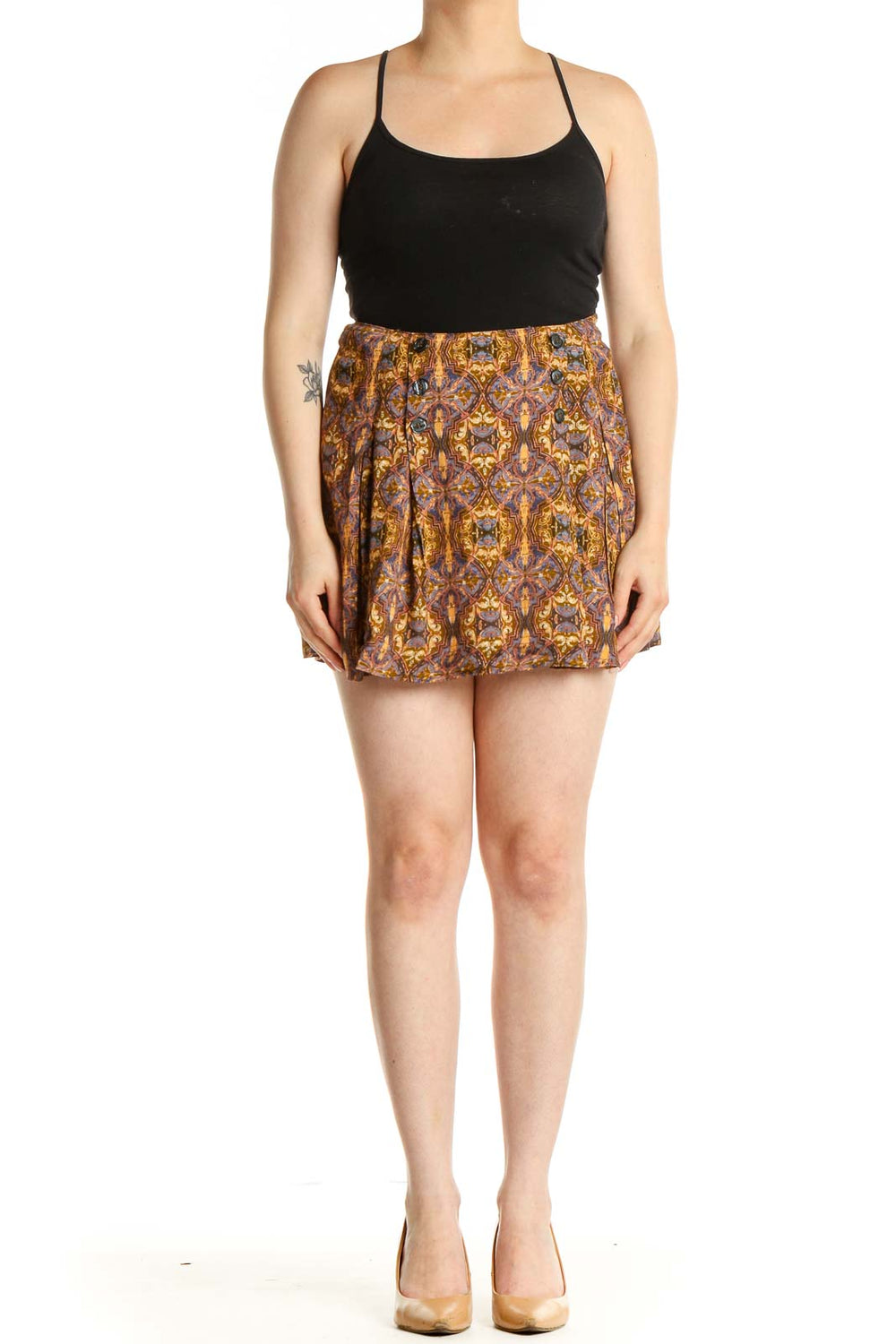 Front view of Free People brown floral print pleated shorts