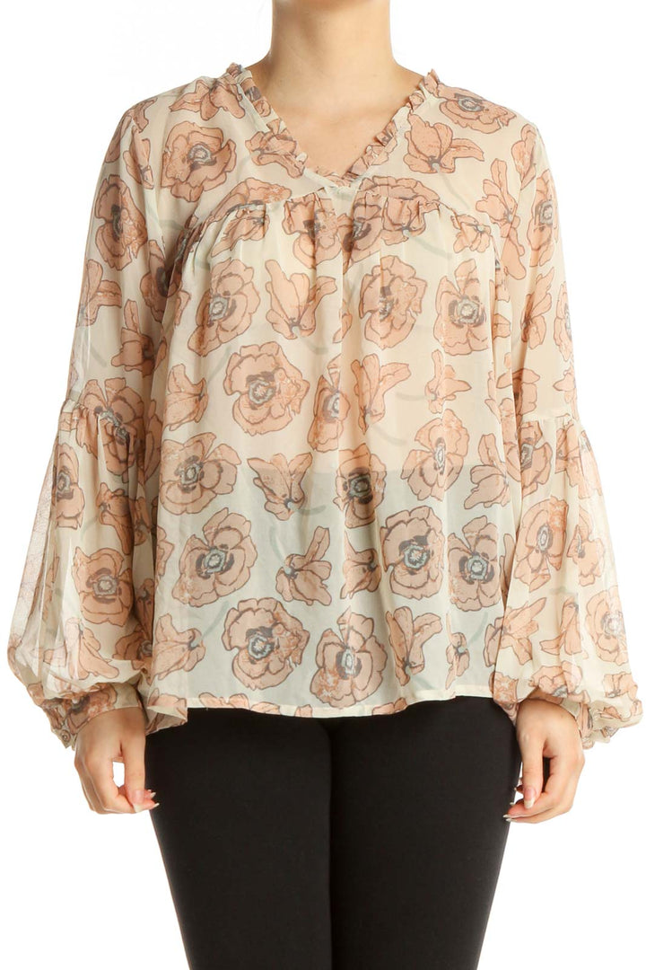 Beige Floral Print All Day Wear Blouse