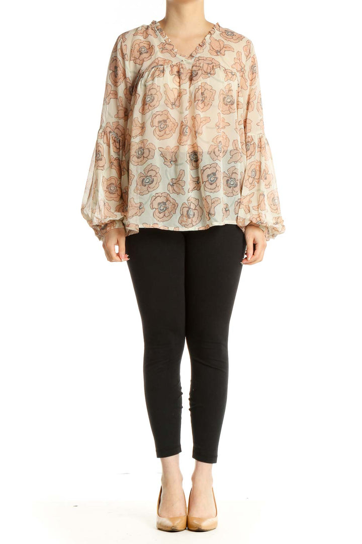 Beige Floral Print All Day Wear Blouse