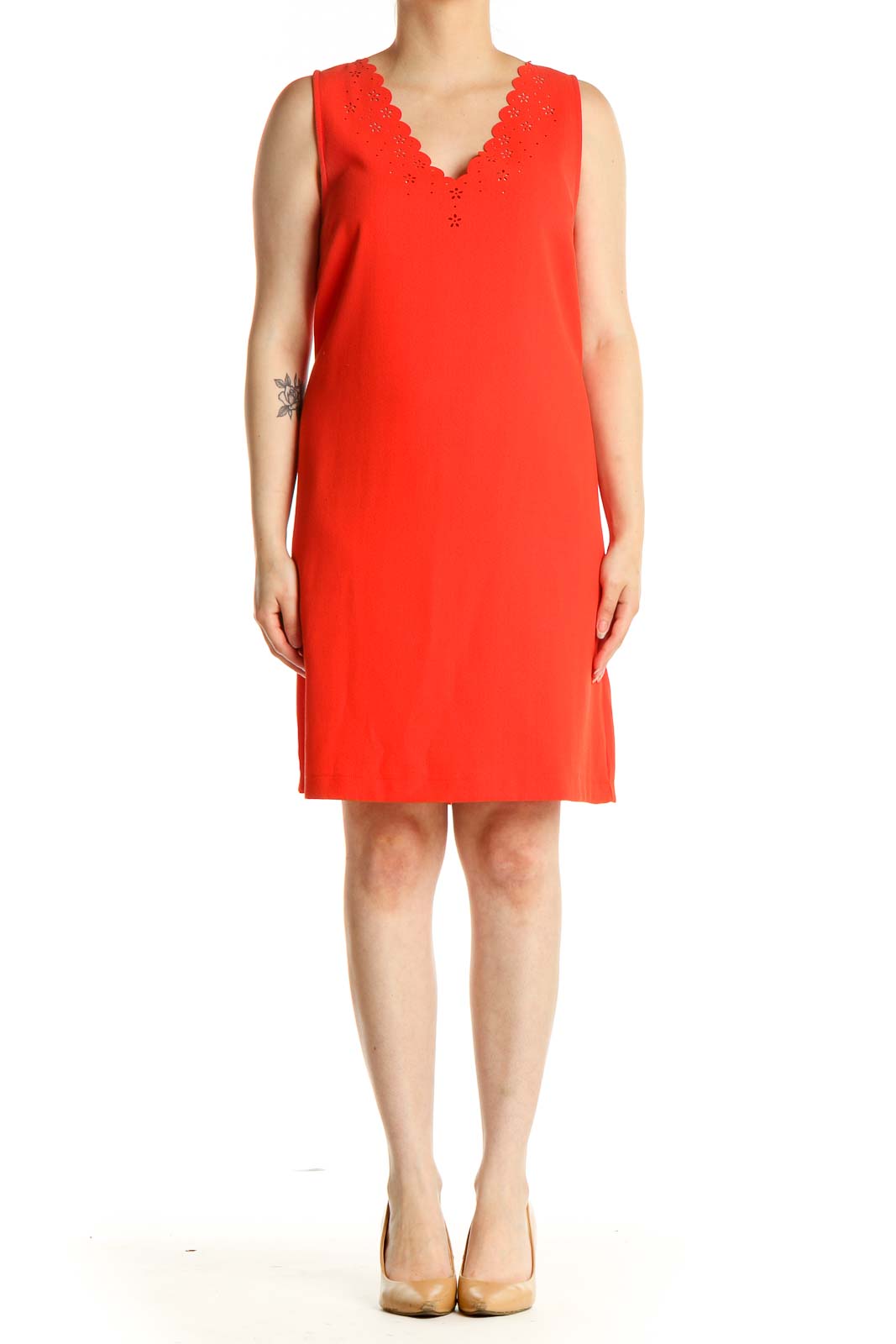 Red Solid Day Sheath Dress