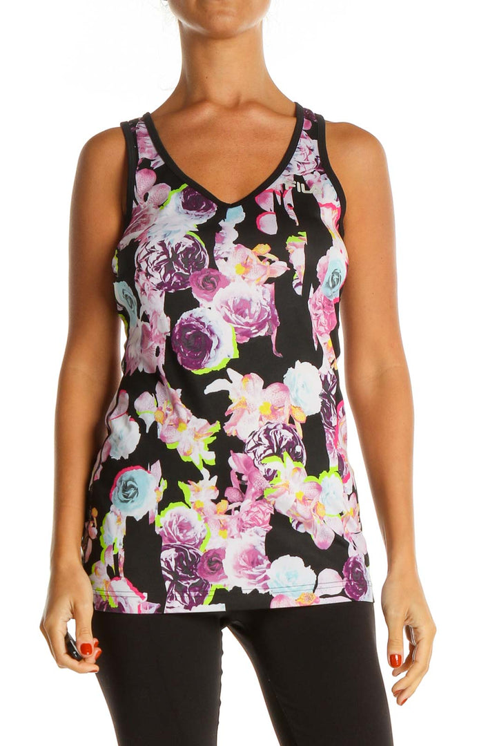 Black Floral Print Activewear Tank Top