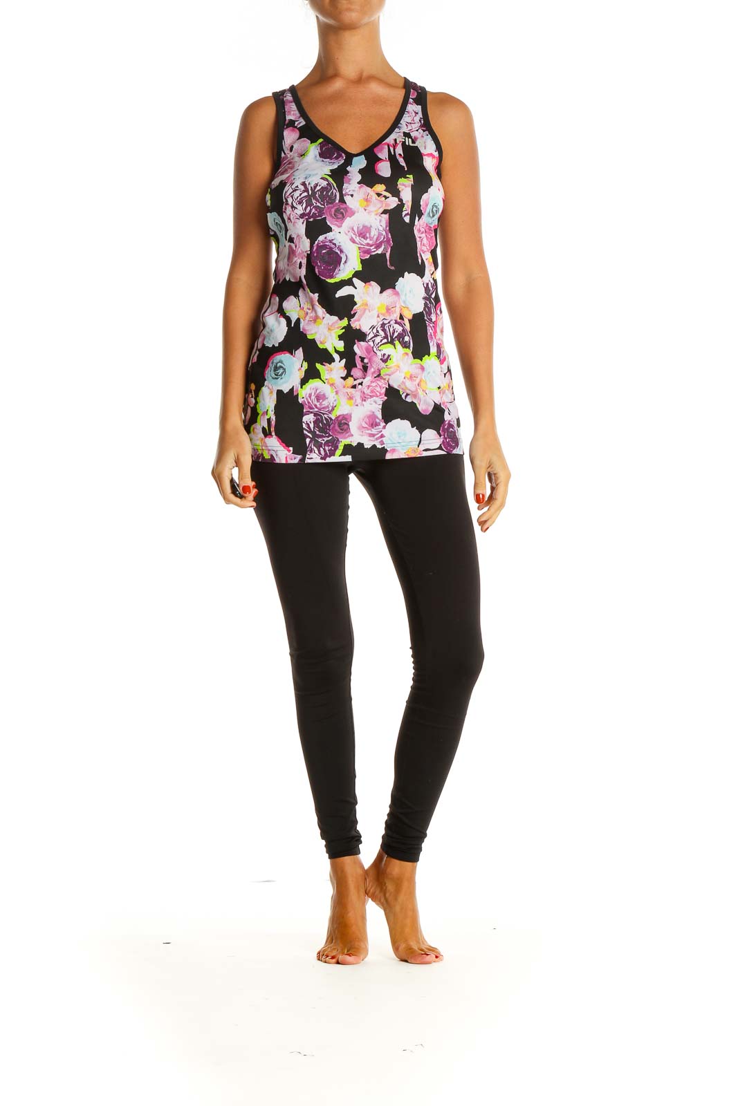 Black Floral Print Activewear Tank Top