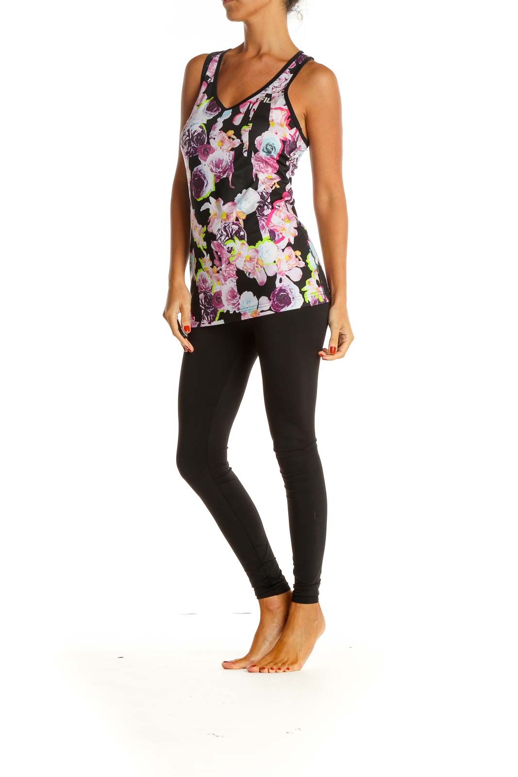 Black Floral Print Activewear Tank Top