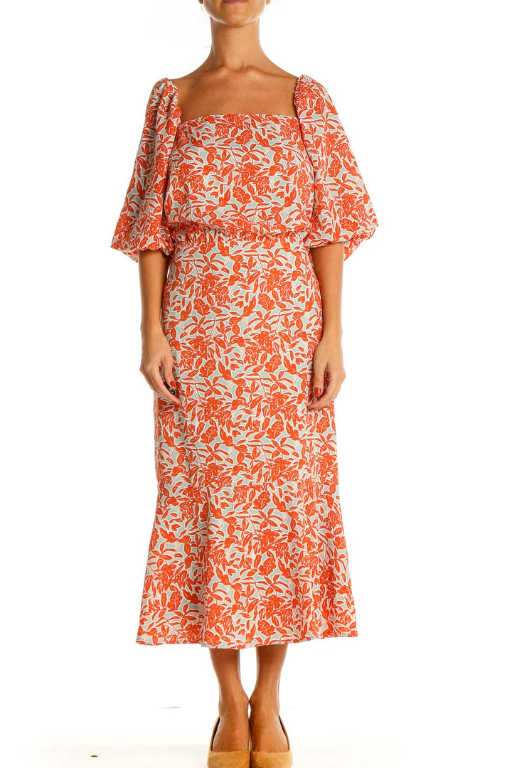 Orange Floral Print Bohemian Fit & Flare Dress