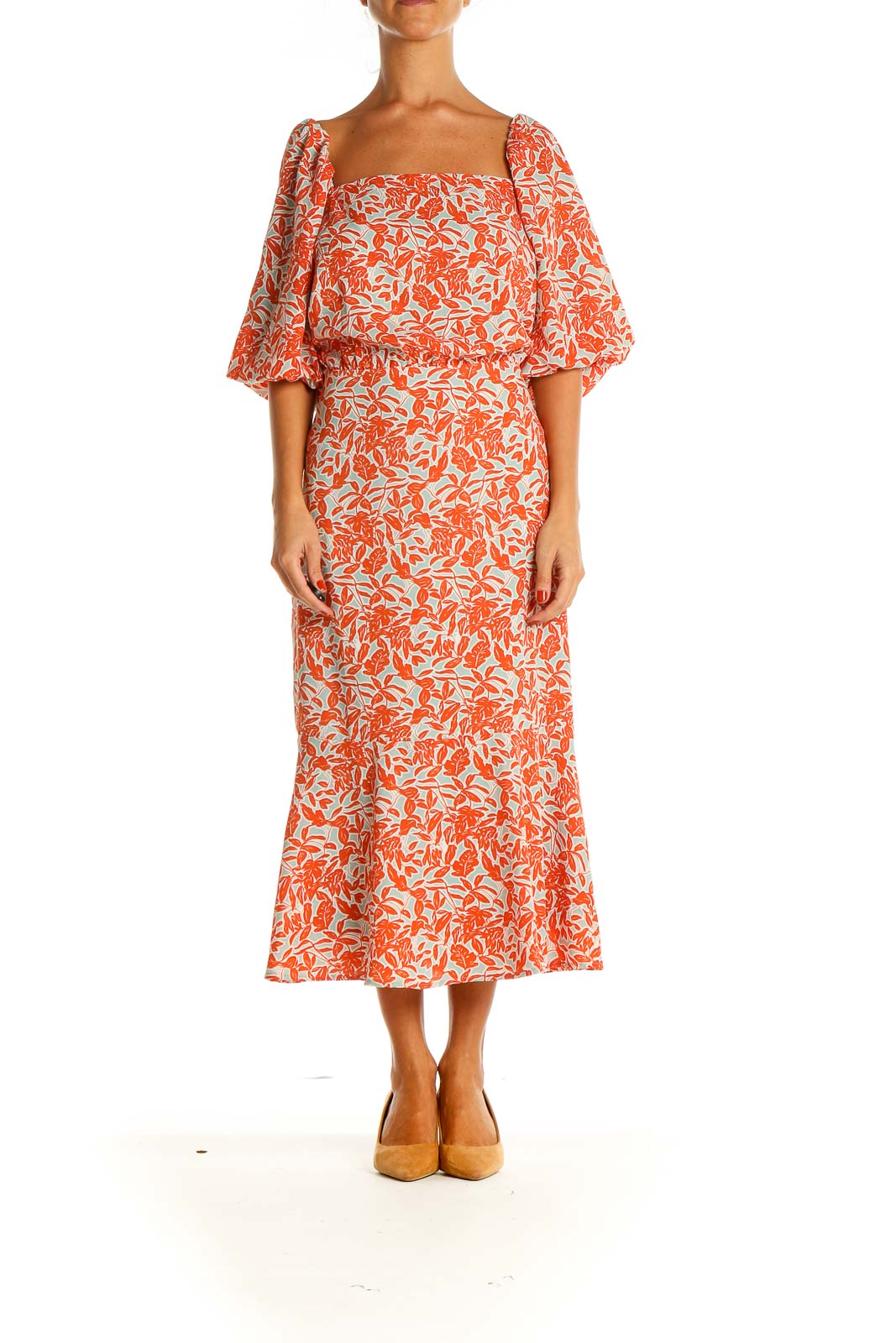 Orange Floral Print Bohemian Fit & Flare Dress