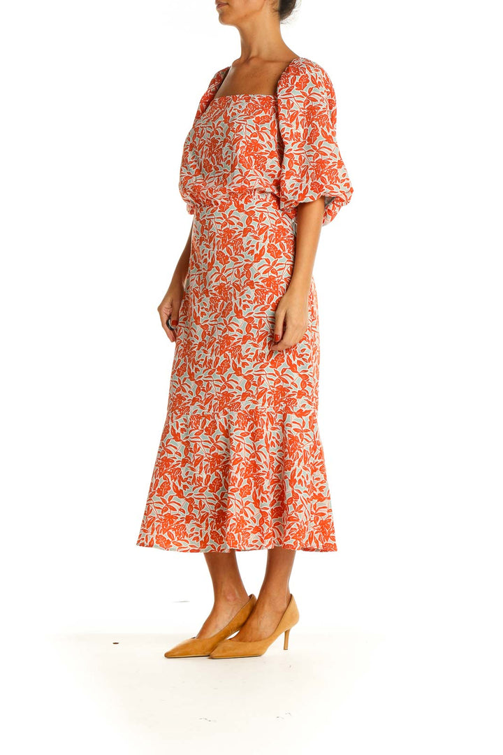 Orange Floral Print Bohemian Fit & Flare Dress