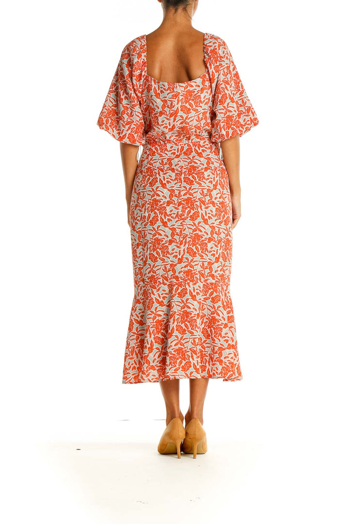 Orange Floral Print Bohemian Fit & Flare Dress